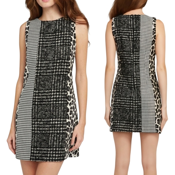 Alice & Olivia Black Ivory Leopard Boucle Tweed Clyde Sleeveless Sheath Dress - Picture 2 of 8